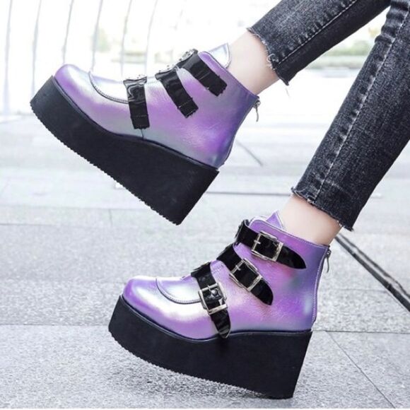 Purple Metallic Platform Ankle Boots - Size 6 - Picture 6 of 16